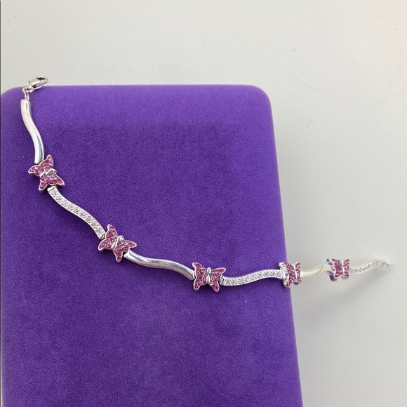 💛 Classic Sterling Silver White & Pink Crystal Butterfly Bracelet - Picture 1 of 11